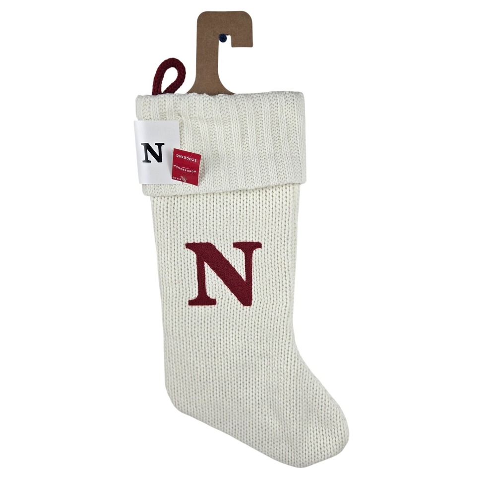 Wondershop Stocking Monogram Letter N Knit White 18" Christmas Holiday Decor NWT